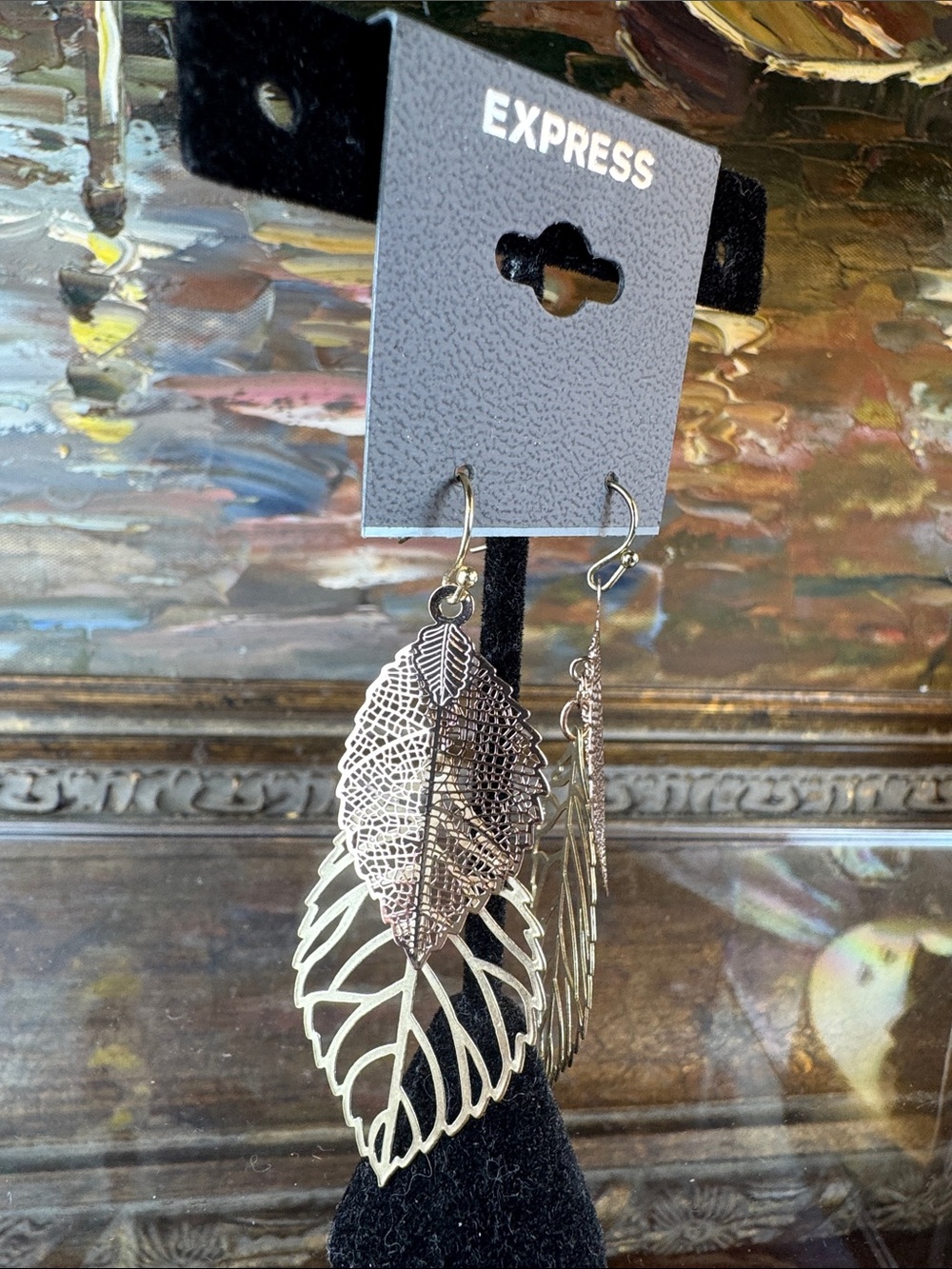 0514-Express Rose‎ Gold and Gold Layered Leaf Dangle Earrings